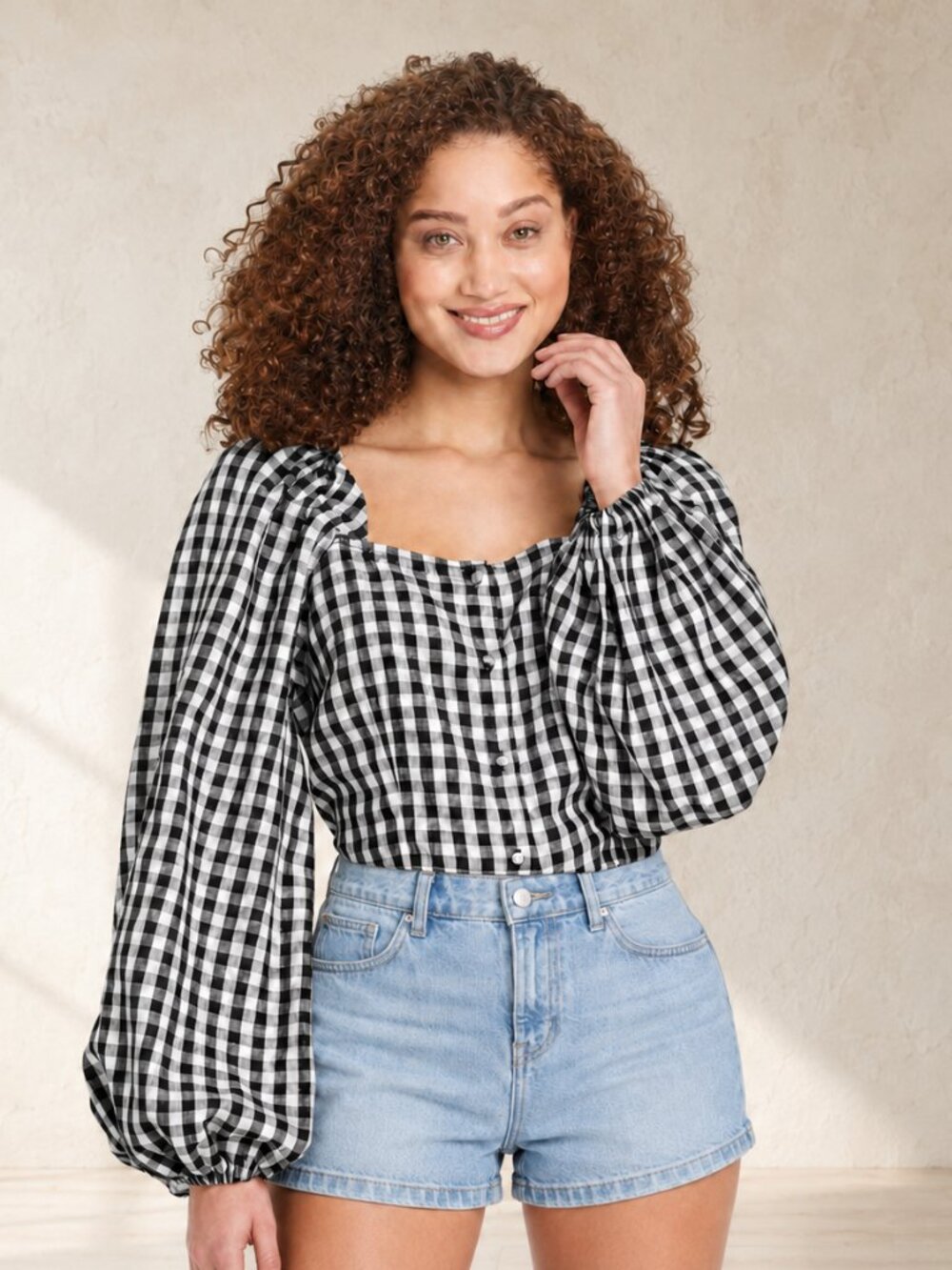 Black White Gingham Puff Sleeve Smocked Back Crop Top